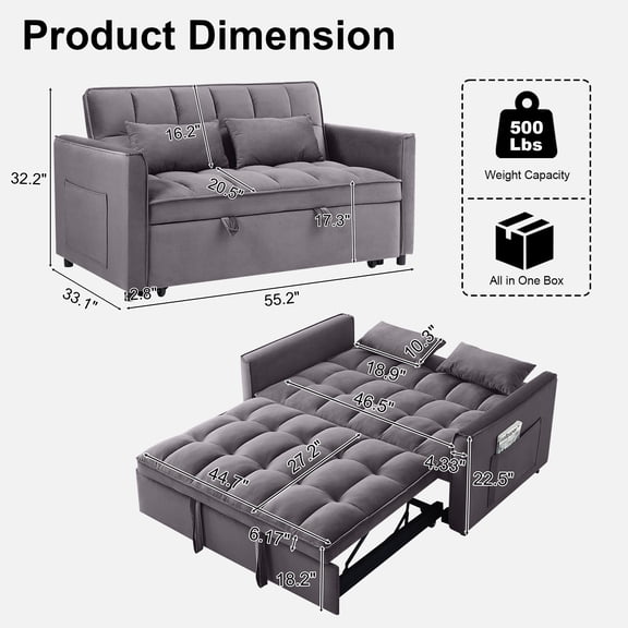 55" 3 in 1 Convertible Sleeper Sofa Bed, Pull Out Loveseat Couch with Storage Pocket, Dark grey