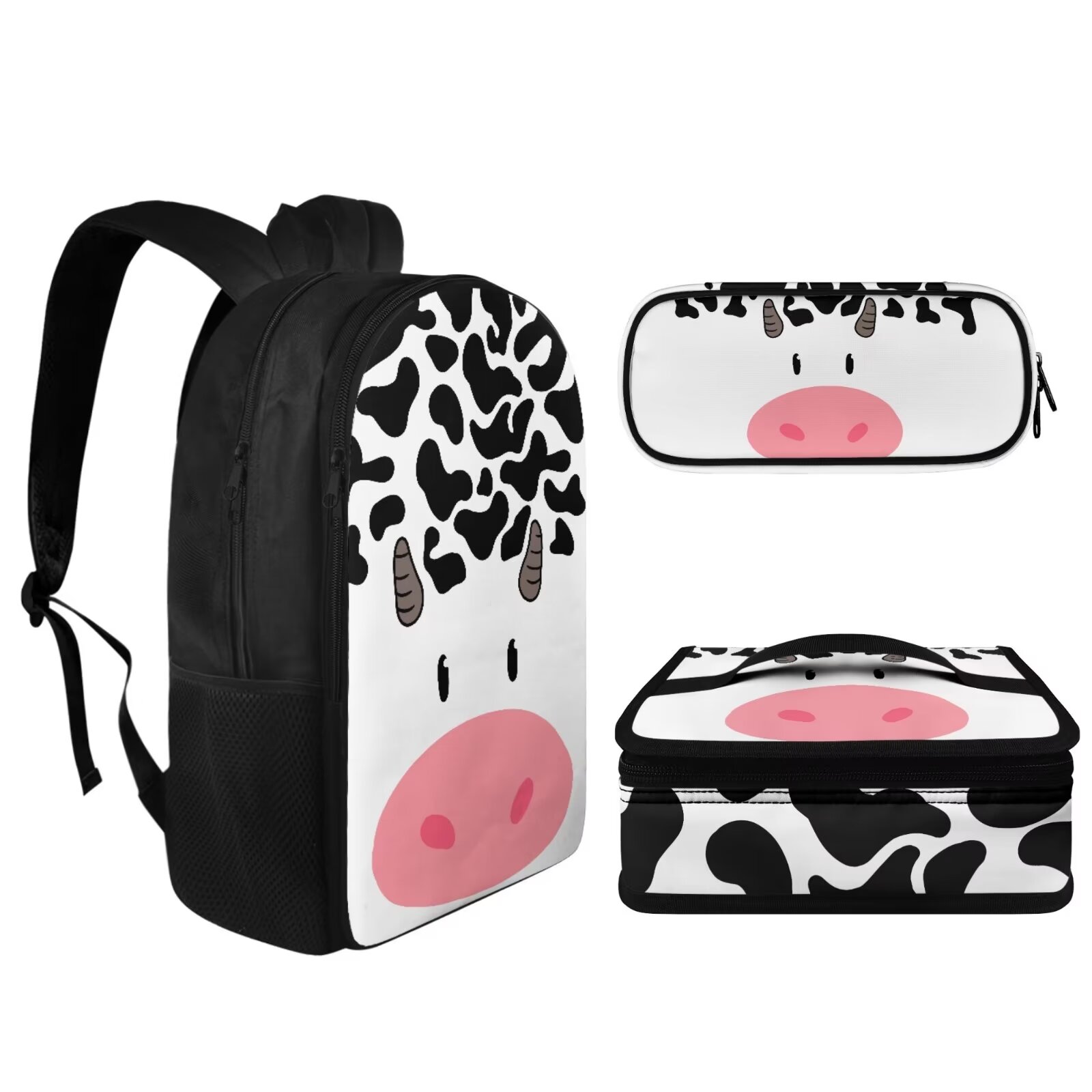 KUIFORTI 3 Pack Shoulder Bag Set Portable Backpack Handbag Crossbody Bag Pencil Case, Cute Cow Print