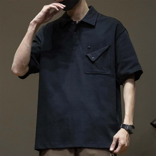 pstuiky camisetas para hombre, Camisa de manga corta con cuello vuelto para hombre, estilo informal, holgada, con bolsillos y botones, de color liso y a la moda camisas casuales para hombre l