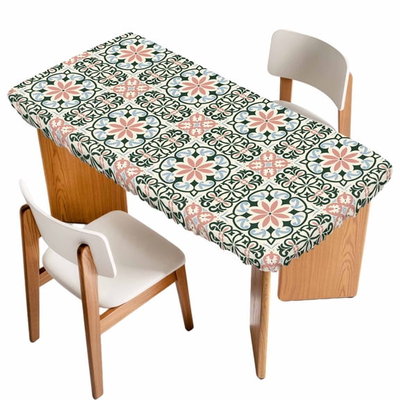 Boho Flowers Table Cloths for 3 Foot Rectangle Tables, Farmhouse Abstract Geometric Patterned Patio Waterproof Elastic Fitted Tablecloths, Washable Rectangular Table Cover for Camping