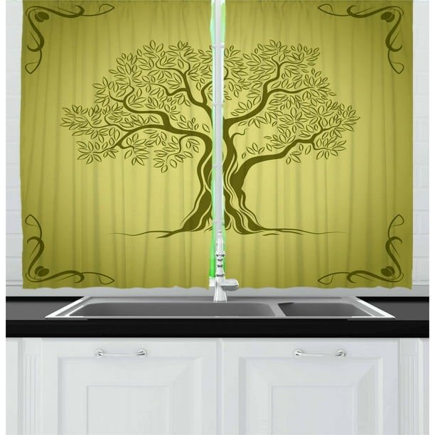 Olive Green Curtains 2 Panels Set Mediterranean Tree Silhouette With Ornamental Frame Nature Inspirations Window Ds For Living Room Bedroom 55w X 39l Inches By Ambesonne Com Olive Green Curtains 2 Panels Set, What Color Goes With Olive Green Curtains