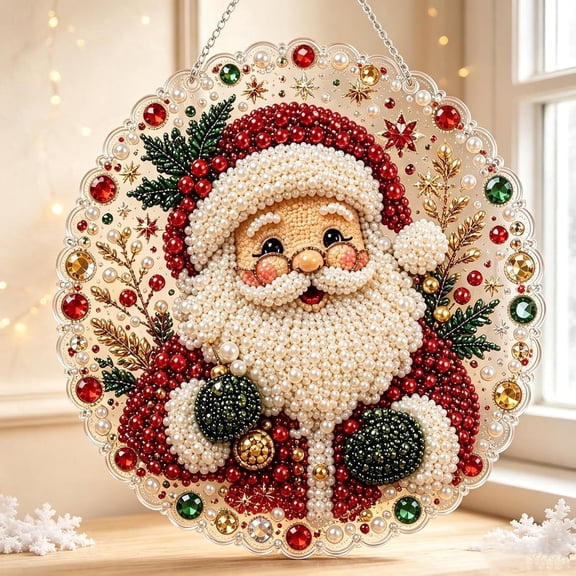 Christmas Pearl Art DIY Diamond Painting Hanging Suncatcher Ornament Santa Christmas Diamond Painting Hanging Pendant, Type1