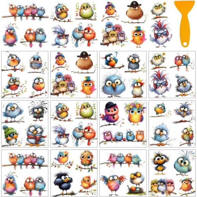 12 Sheets Rub on Transfer for Crafts Funny Birds Rub on Transfer Stickers Colorful Birds Rub on Decal Stickers for Wood Furniture DIY Crafts Decor 5.5 x 5.5 Inches