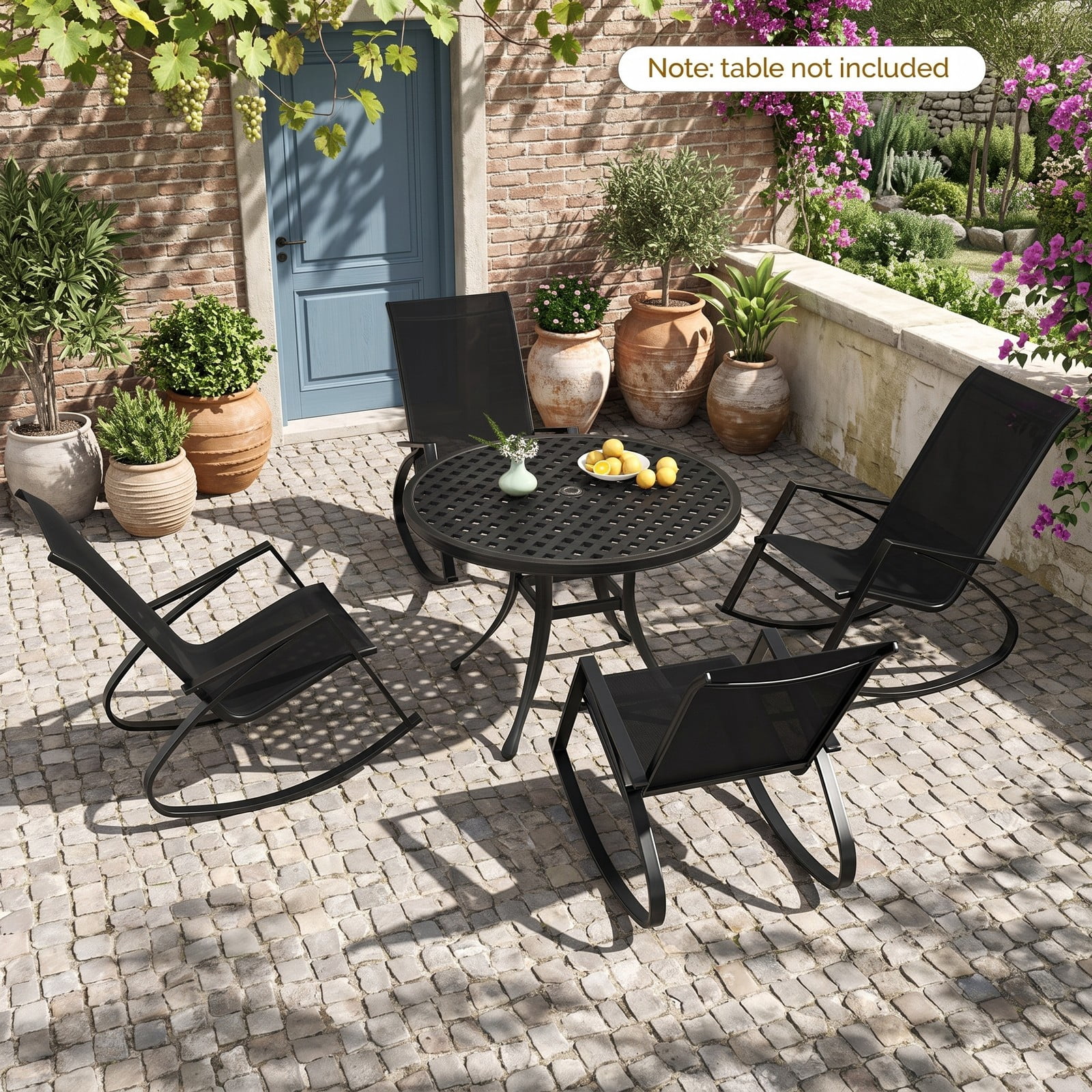 Furnibear Patio Rocking Chairs Set of 2 with Ergonomic Sling Backrest and Circular Metal Frame for Balcony and Poolside, Black