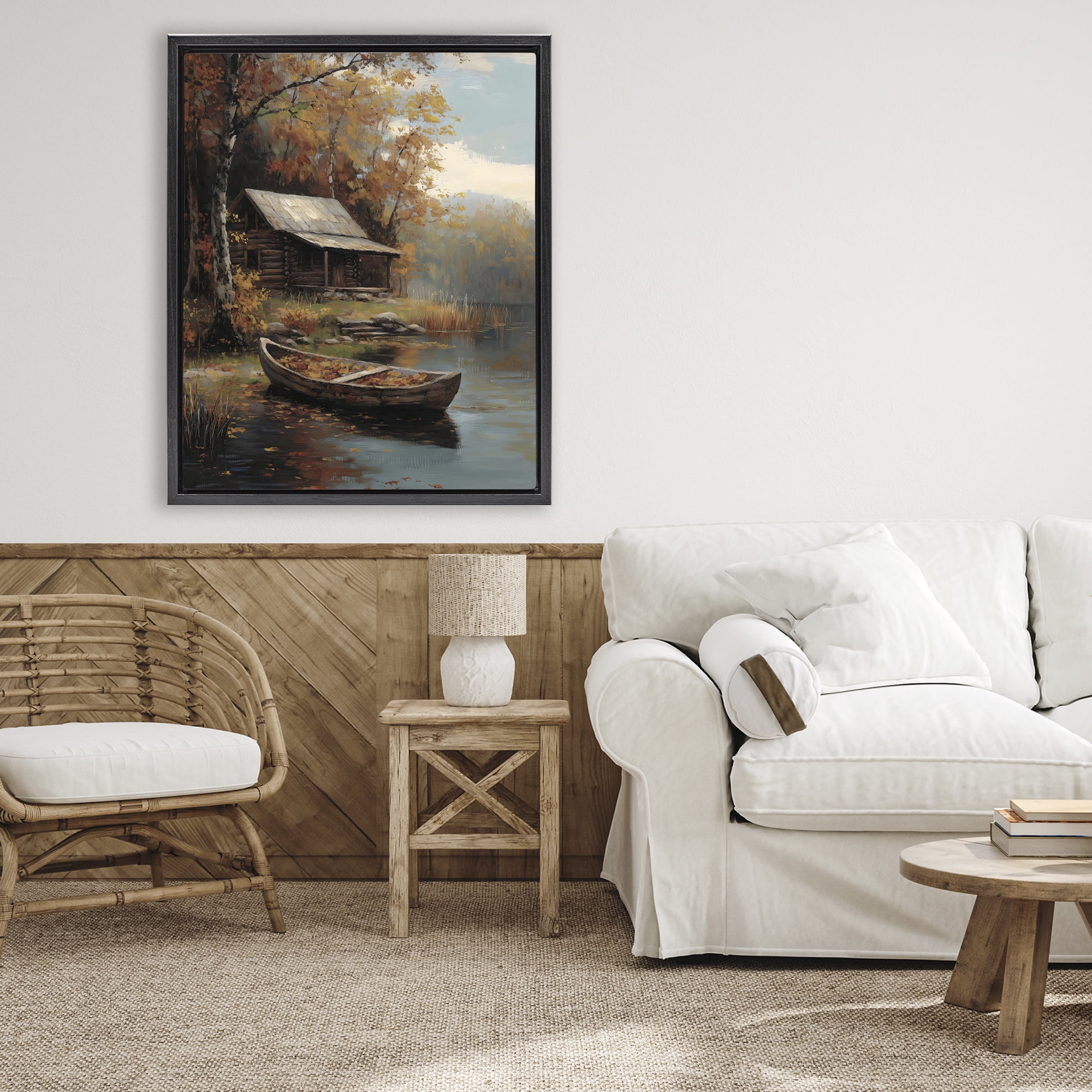 Autumn Cabin Canoe with Leaves Black Framed Floater Canvas Wall Art, design by Arlington Prints