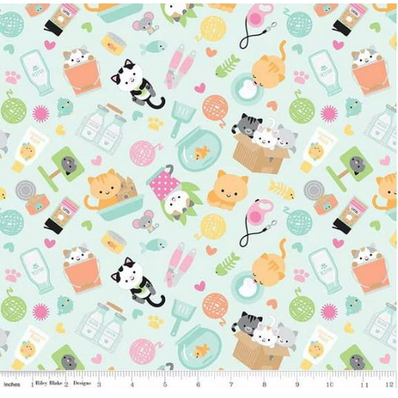 Cotton Pretty Kitty Cat Fish Pet Mouse Toys Riley Blake Cotton Fabric Print by the Yard (C15650-BLUE)