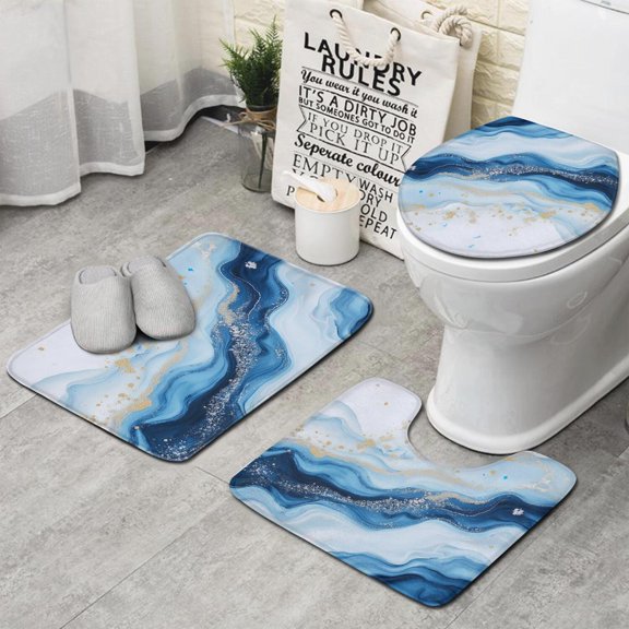 Blue Marble Gold Wave Pattern Bathroom Rugs Sets 3 Piece,Toilet Cover Set,Absorbent Non Slip Bathroom Mats Sets with U-Shaped Contour Rug Toilet Rug Set