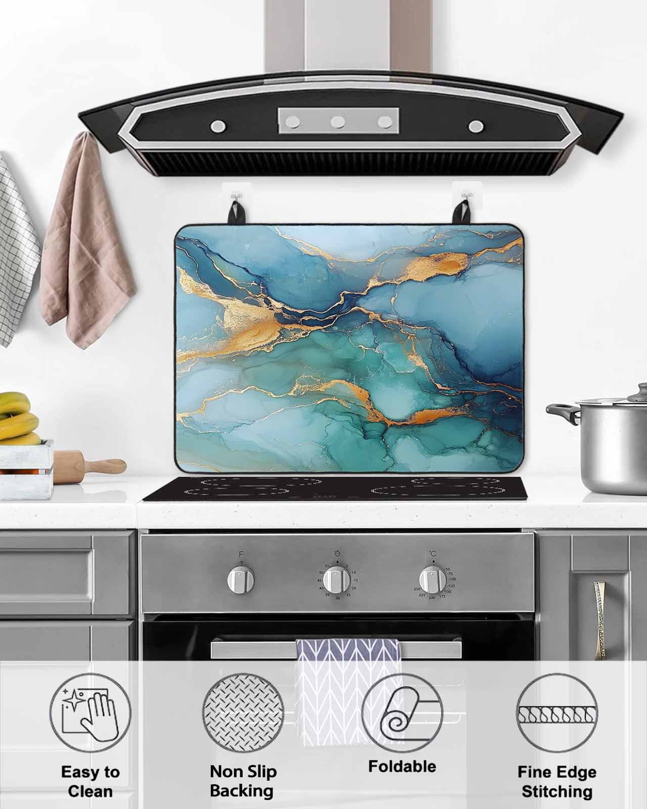 nqOlkjepod Large Induction Cooktop Protector Mat 36"x21", Turquoise Blue Stove Top Covers for Electric Stove, Modern Teal Gold Marble Textured Stove Burner Cover Mats, Glass Top Stove Cover