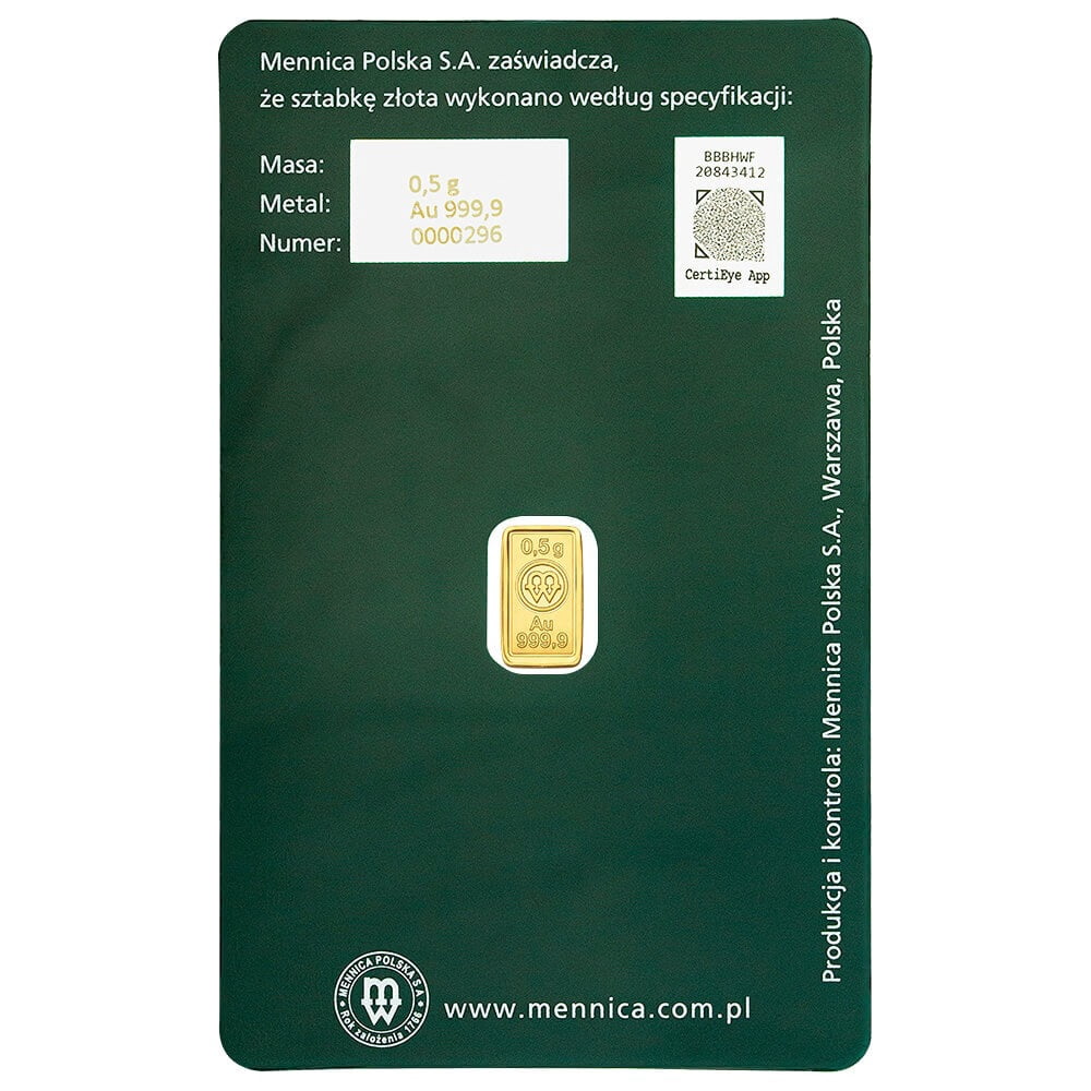 1/2 Gram Mint of Poland Gold Bar .9999 Fine (in Assay)