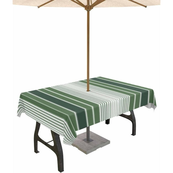 Striped Outdoor Tablecloth with Umbrella Hole and Zipper, Spillproof Table Cloth for Rectangle Tables, Dinner/Picnic/Patio/Party Table Cover Sage Green Country Farmhouse
