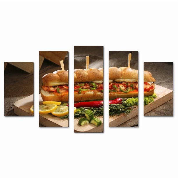 Juego de Cuadros Decorativos, Sándwiches Tortas, Estilo Apetitoso, 5 Piezas, Ideal para Restaurantes y Loncherías, 150x80cm