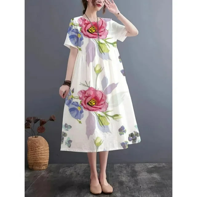 JUNWELL Summer Traditional Pattern Print Casual Round Neck Short Sleeve Dress Imitation Linen Fabric Dress Light Breathable Comfortable