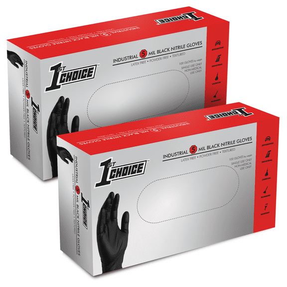 1st Choice Black Disposable Nitrile Gloves, Size Large, 200 Count, 5 mil
