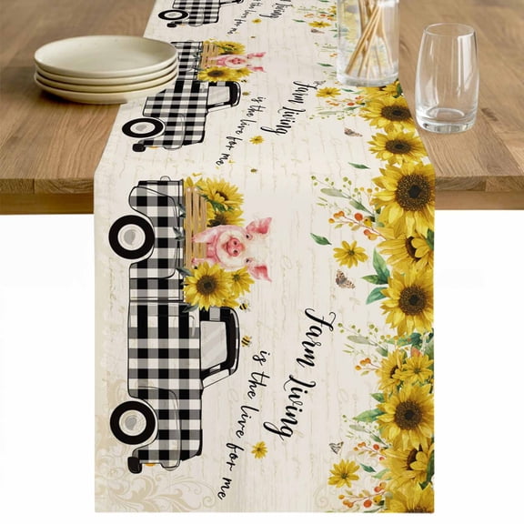 Cute Pig Table Runner - 36 Inch Long County Sunflowers Truck Farmhouse Black White Plaid Cotton and Linen Blended Dress Scarves Farmhouse Table Runner for Kitchen Dining, Coffee Table, 13" x 36"