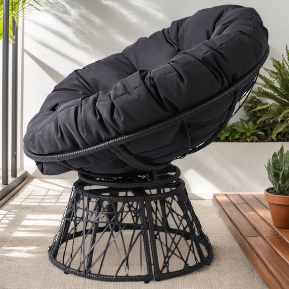 38" Swivel Wicker Papasan Chair with Thick Tufted Cushion, 360° Rotatable, Gray Cushion