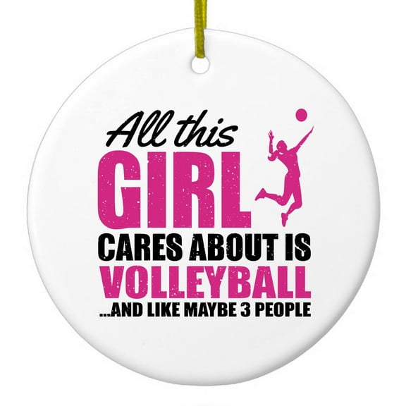 DistinctInk Hanging Ceramic Christmass Tree Ornament with Gold String - Great Gift / Present - 2 3/4 inch diameter - All This Girl Cares About is Volleyball