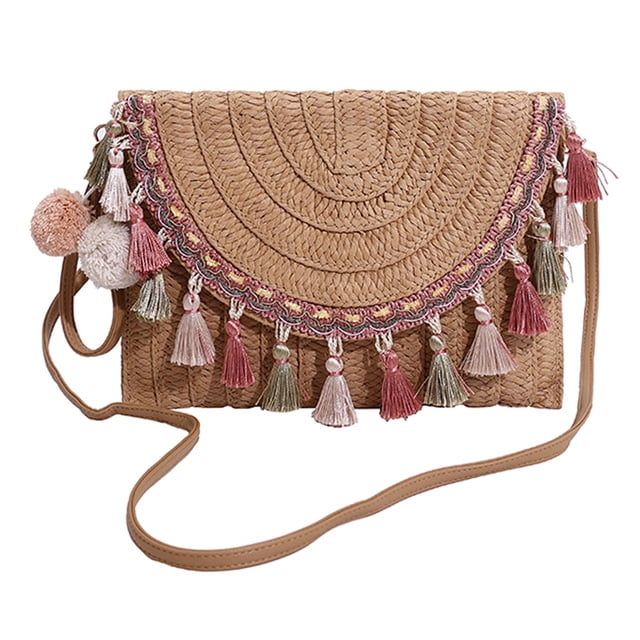 Bolsa cruzado de mujer con borlas tejido de paja informal de verano para ir de compras (caqui)