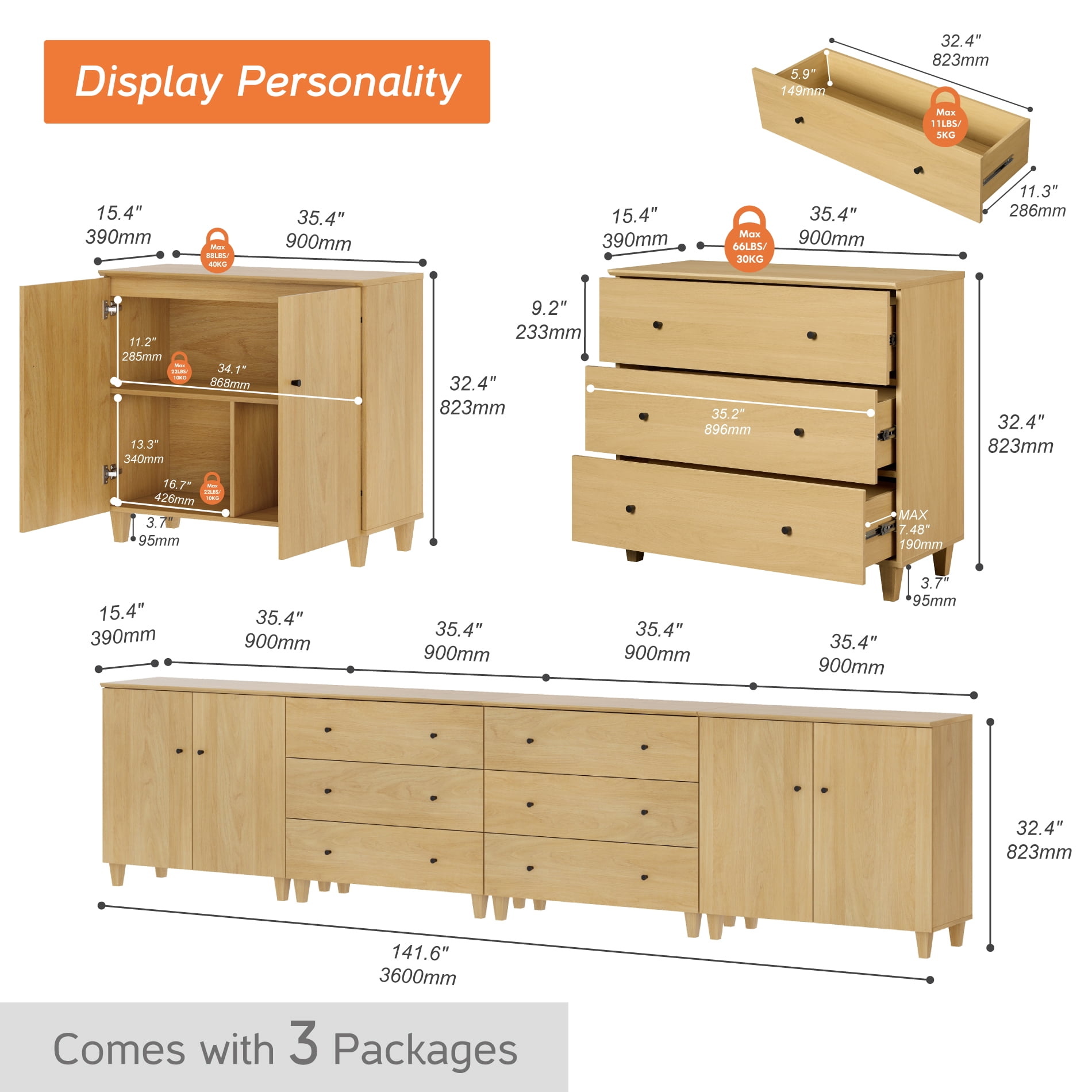 WAMPAT Extra Long Modern TV Stand for 120+ Inches TVs, 3-in-1 Large Wooden Media Console with 6 Spacious Drawers and 2 Storage Cabinets for Living Room, Oak