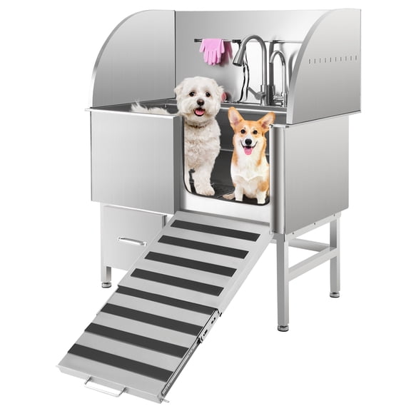 Garvee 50" Stainless Steel Dog Grooming Tub with Ramp, Faucet, Storage Drawer, Floor Grate (Right Ramp)