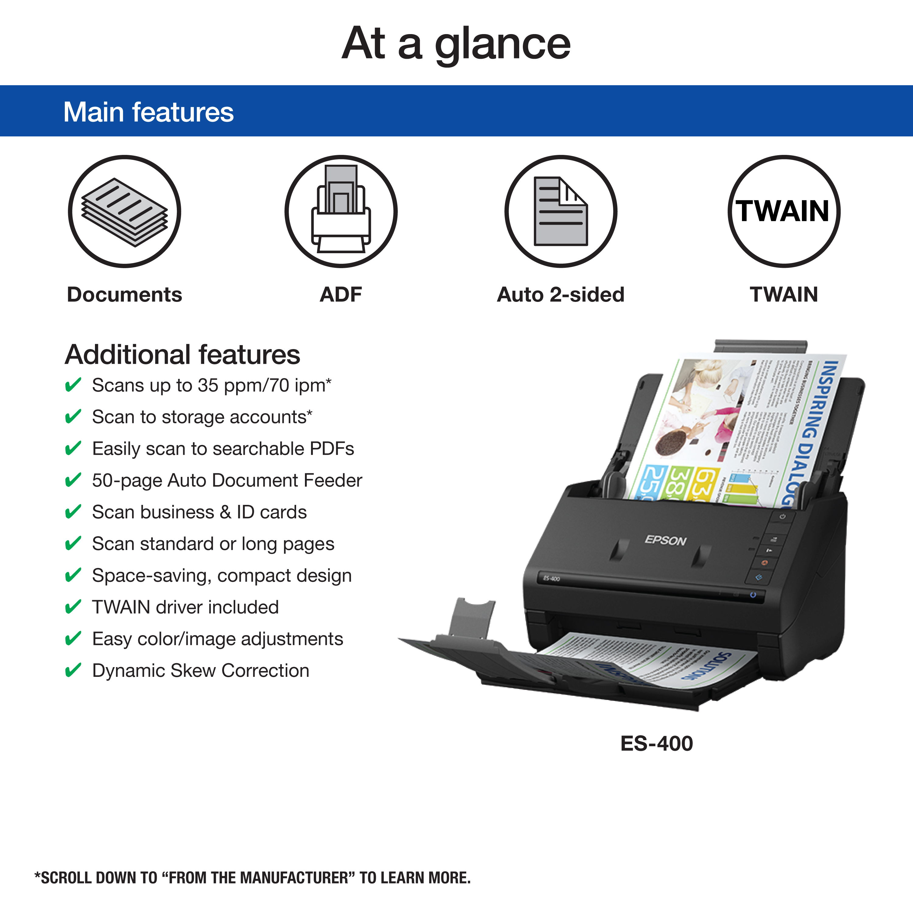 Epson WorkForce ES-400 Color Duplex Document Scanner for PC and Mac, Auto Document Feeder (ADF) - image 2 of 7