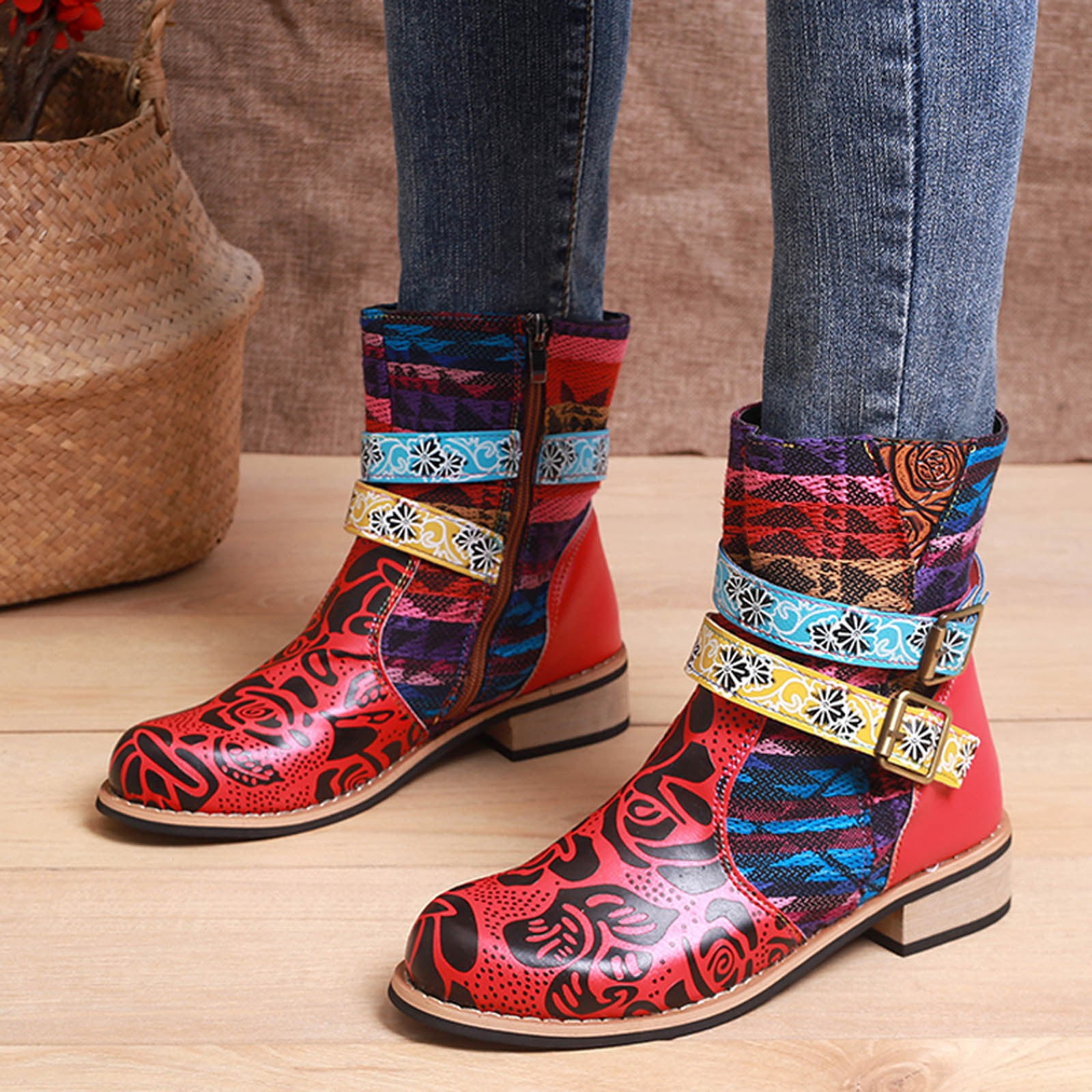 Vintage Womens Leather Ankle Boot Ladies Flowers Wedge Heel Leisure Ethnic Shoes
