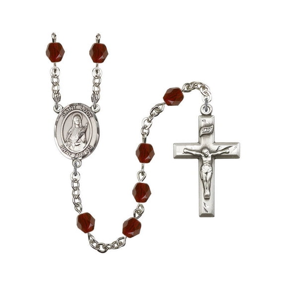 St. Lucy Silver-Plated Rosary 6mm January Red Fire Polished Beads Crucifix Size 1 3/8 x 3/4 medal charm