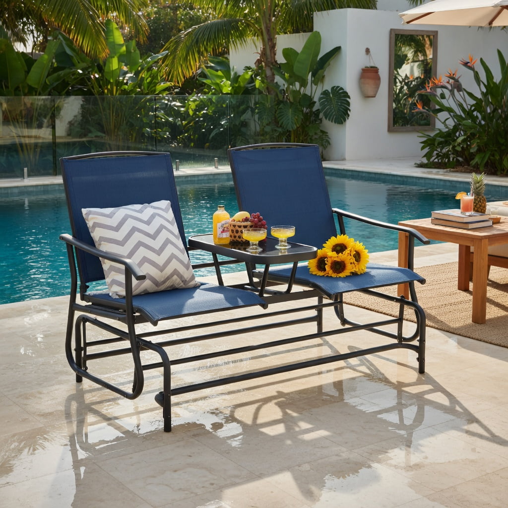 Hommoo 2-Person Outdoor Rocking Loveseat with Tempered Glass Center Table, Steel Frame & Mesh Fabric, Navy