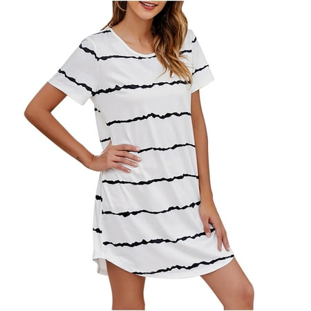 

Pajamas for Women Casual Striped Crewneck Short Sleeve Pullover Shirt Dress Ladies 2023 Comfy House Dress Homewear