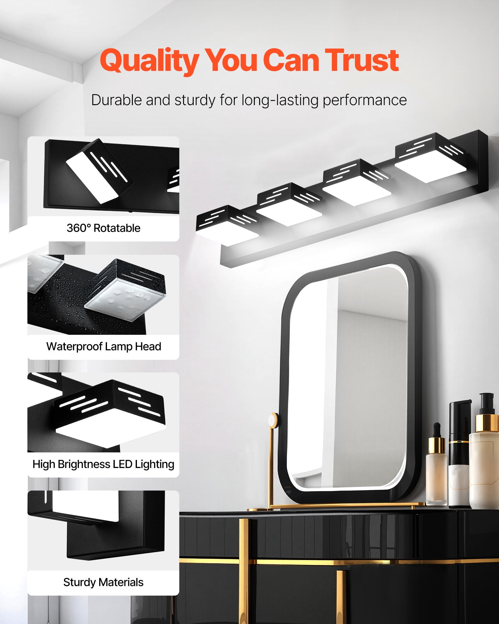 VEVOR 4-Light LED Modern Vanity Light Fixtures,25.59-Inch,Black Finish Bathroom Wall Lighting Fixture Over Mirror, with IP44 Waterproof, for Bathroom, Living Room, Bedroom, Hallway, Cool White 6000K
