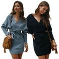 thumbnail image 3 of Women Batwing Long Sleeve V-Neck Backless Solid Belted Wrap Sweater Dress, 3 of 19