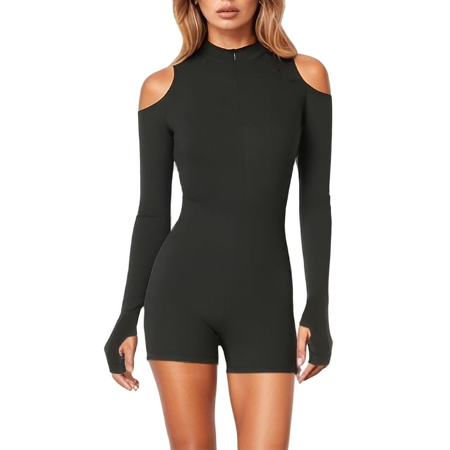 Mono de mujer de color liso con hombros descubiertos, manga larga, cremallera y pantalones cortos - Ajuste elástico, tallas S-L