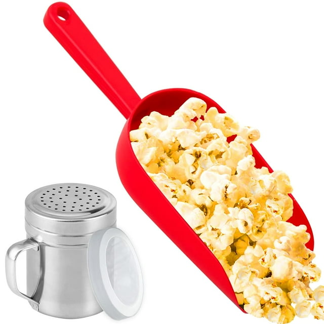 Red Plastic Popcorn Scoop With Salt Shaker (Handle, Plastic Cap) - Concession Supplies Bundle