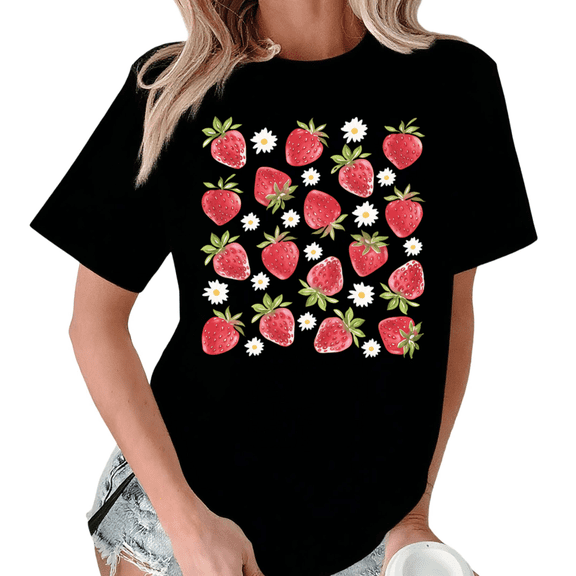 Black Print Tshirt Graphic Tees Shirts S-5XL Strawberry Daisy Cluster Print Cozy Casual Trendy Tops