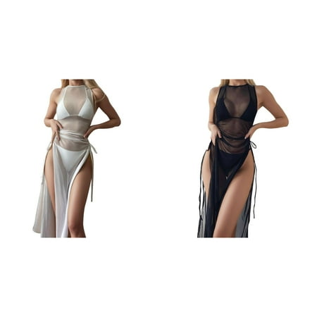 2-Pack Women Bikini Draped Front Drawstring Knot Mesh Cover Up Without Lingerie Hight Split Fork Dress Beach Wrap Bikini Shiny Wraps Cover Ups For Swimwear Swimsuit for Women with Cover up Dress