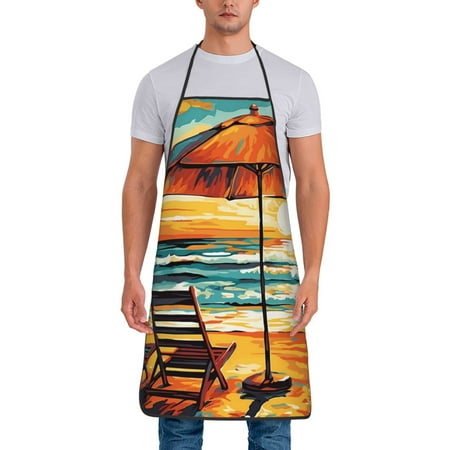 

Xecao Beach Umbrella Sunset Print Funny BBQ Chef Aprons for Men Women Adjustable Kitchen Cooking Aprons with Pocket Waterproof Oil Proof No Pilling Fading