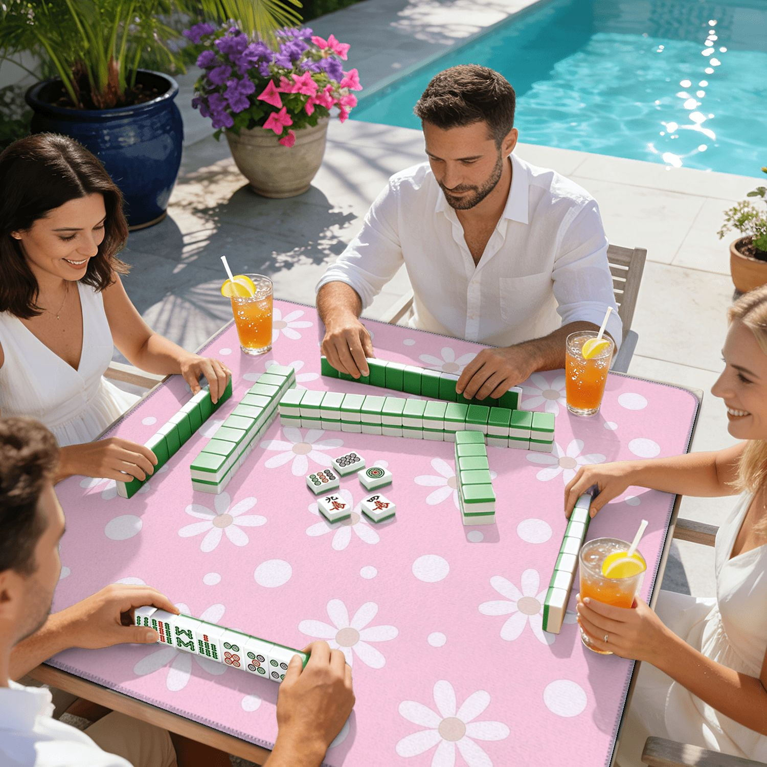 Mahjong Mat 31.5" x 31.5" Pink White Daisy Flowers Polka Dot Non-Slip Noise Reduction American Mahjong Tiles Table Cover for Dominoes Poker Card Board Games Gift