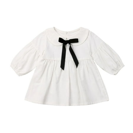 

Baby Girls Long Sleeve Dress Peter Pan Collar Solid Color Bowknot Tutu Dresses Kids Wedding Party Princess Gown