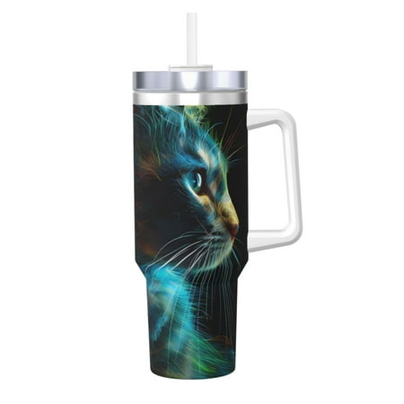 

Goofa Neon Spectrum Cat Portrait Print 40oz Ice Bully With Handle And Straw Stainless Steel Vacuum Insulated Cup And 2 In 1 Straw Lid