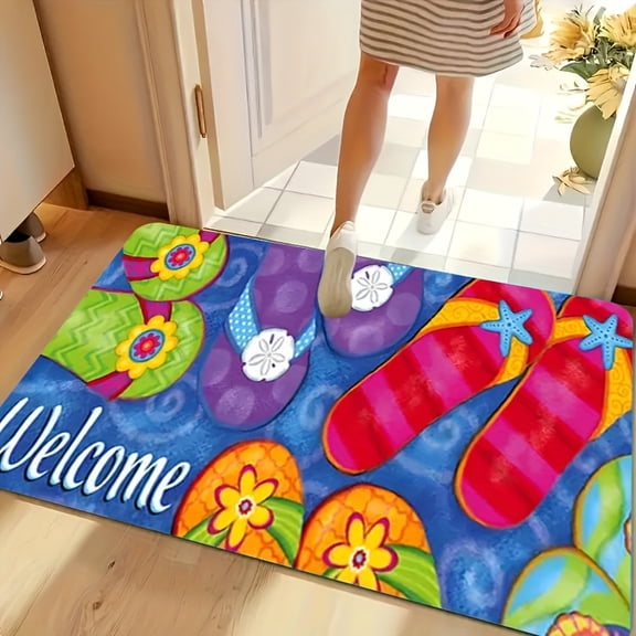 Summer Beach Style Colorful Flip-Flop Welcome Pattern Printed Door Mat, Non-Slip Polyester Indoor/Outdoor Rug for Living Room, Bedroom, Kitchen Decor and Gifts