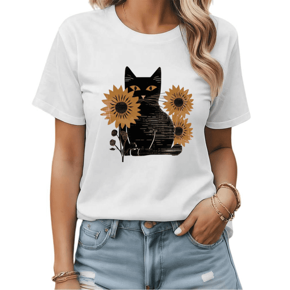 Vintage Cat & Sunflower Graphic Tees Womans T shirt Black/White S-5XL Shirts Casual Daily Tops