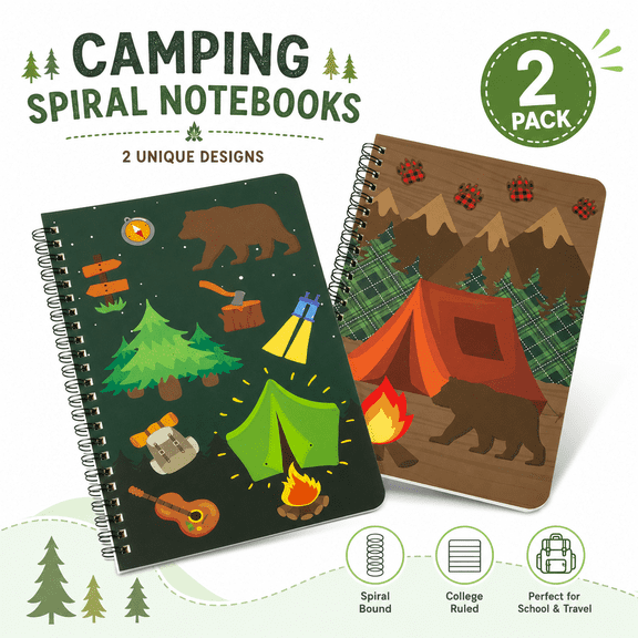 TAVENE 2Pack A5 Spiral Camping Notebooks, Hardcover Ruled Camp Adventure Travel Journal Writing Notebook for Teens Student School Office Supplies Back to School Diary Notepad Gift