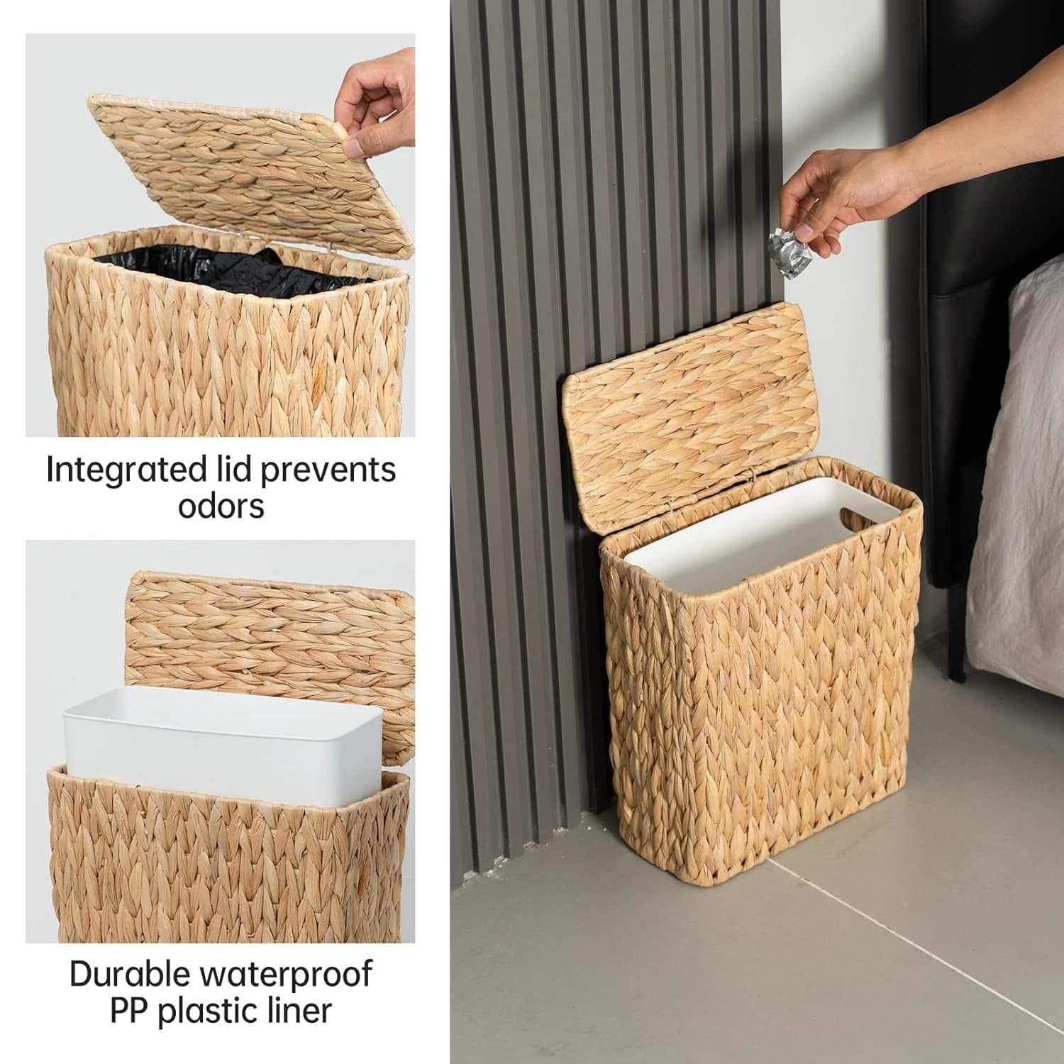 Water hyacinth Wicker Trash Can 3 Gallon Small Bathroom Bedroom Use