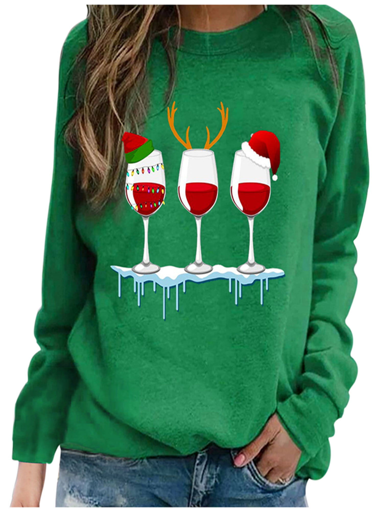 Women Tops Christmas Tree Printed Funny Blouse Raglan Long Sleeve Xmas Tshirt Casual Loose Comfy Pullover