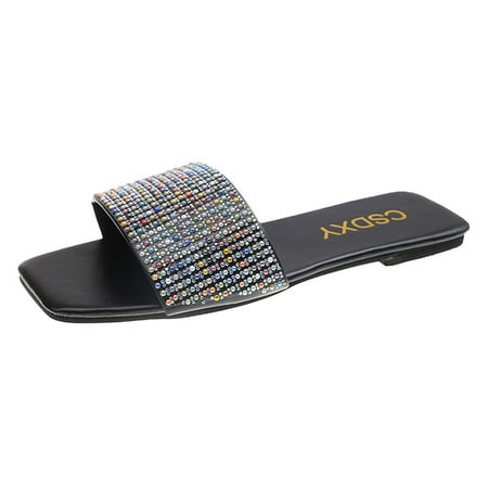 

GNEIKDEING Women Rhinestone Flat Slippers Beach Sandals Flip Flops Sandals Slippers Flat Open Toe Slippers Summer Casual Sandals Bathroom Beach Slippers Black