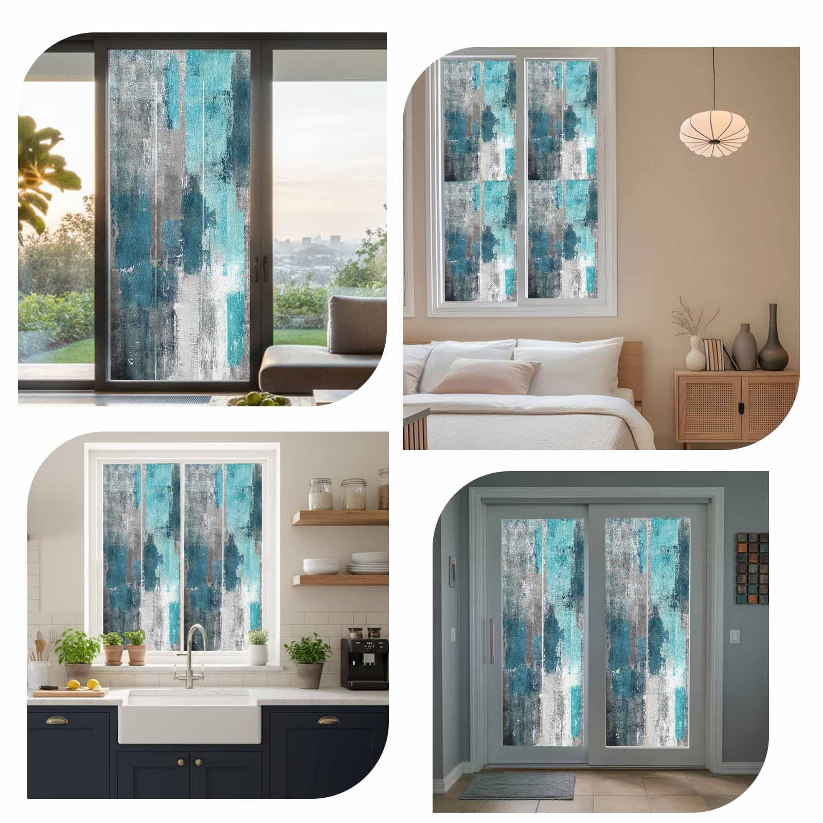 Teal Grey Privacy Window Film, Decorative Frosted Glass Window Film, Modern Oil Painted Abstract Art Aesthetics Reusable Peel and Stick Static Cling for Home Bathroom Office Glass Door 17.7"x39.3"