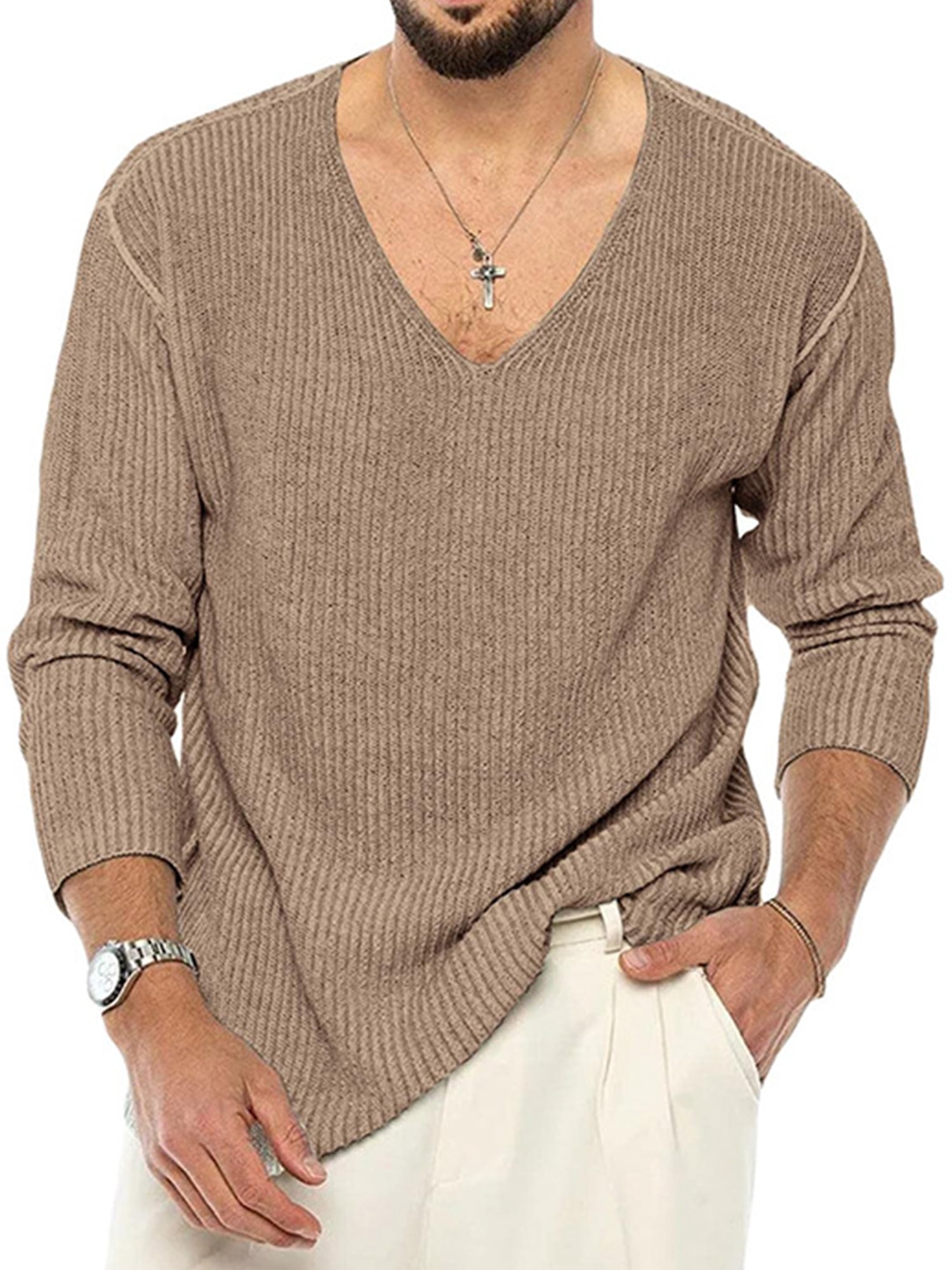 Glookwis Mens Long Sleeve Sweater Plain Knit Sweaters Casual Regular Knitted  Tops Solid Color Stretch Jumper Pullover Khaki M - Walmart.com