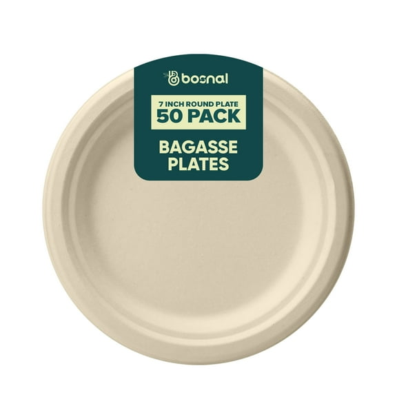 BOSNAL 7 Inch Round Bagasse Plates (50 Pack) – Compostable, Biodegradable & Eco-Friendly Disposable Plates for Party, Catering & Everyday Use