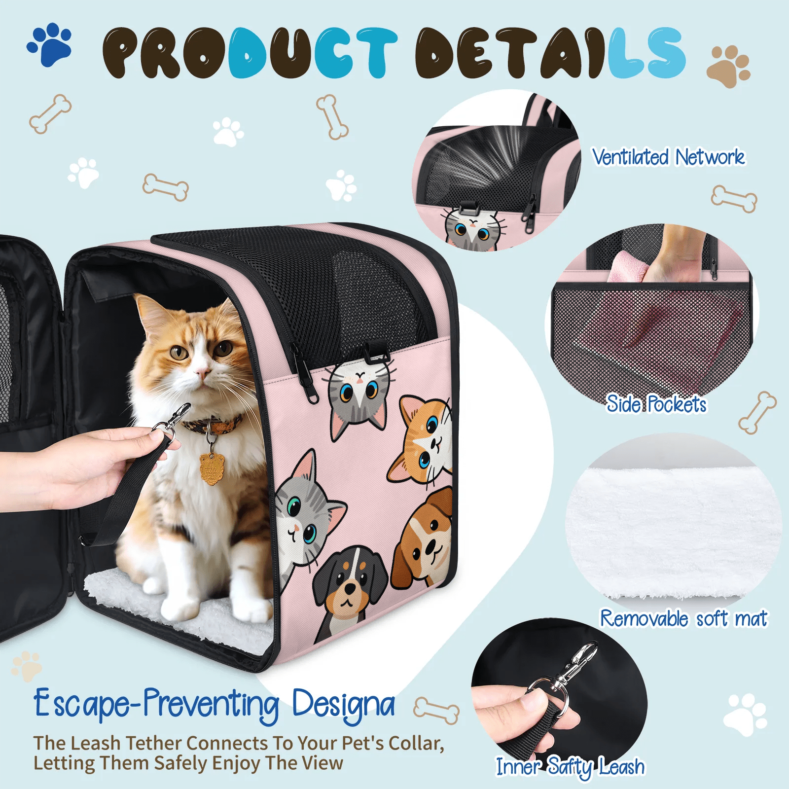 Cute Pet Backpack Carrier for Cats & Small Dogs, Breathable Mesh Design, Safe Travel Carrier for Outdoor Hiking, Walking, Vet Visits