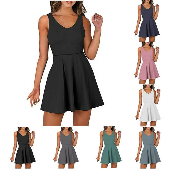Feancey Womens Tennis Dress with Shorts Underneath V Neck Cross Back Athletic Workout Skort Romper Dress Mini Golf Dresses Navy S