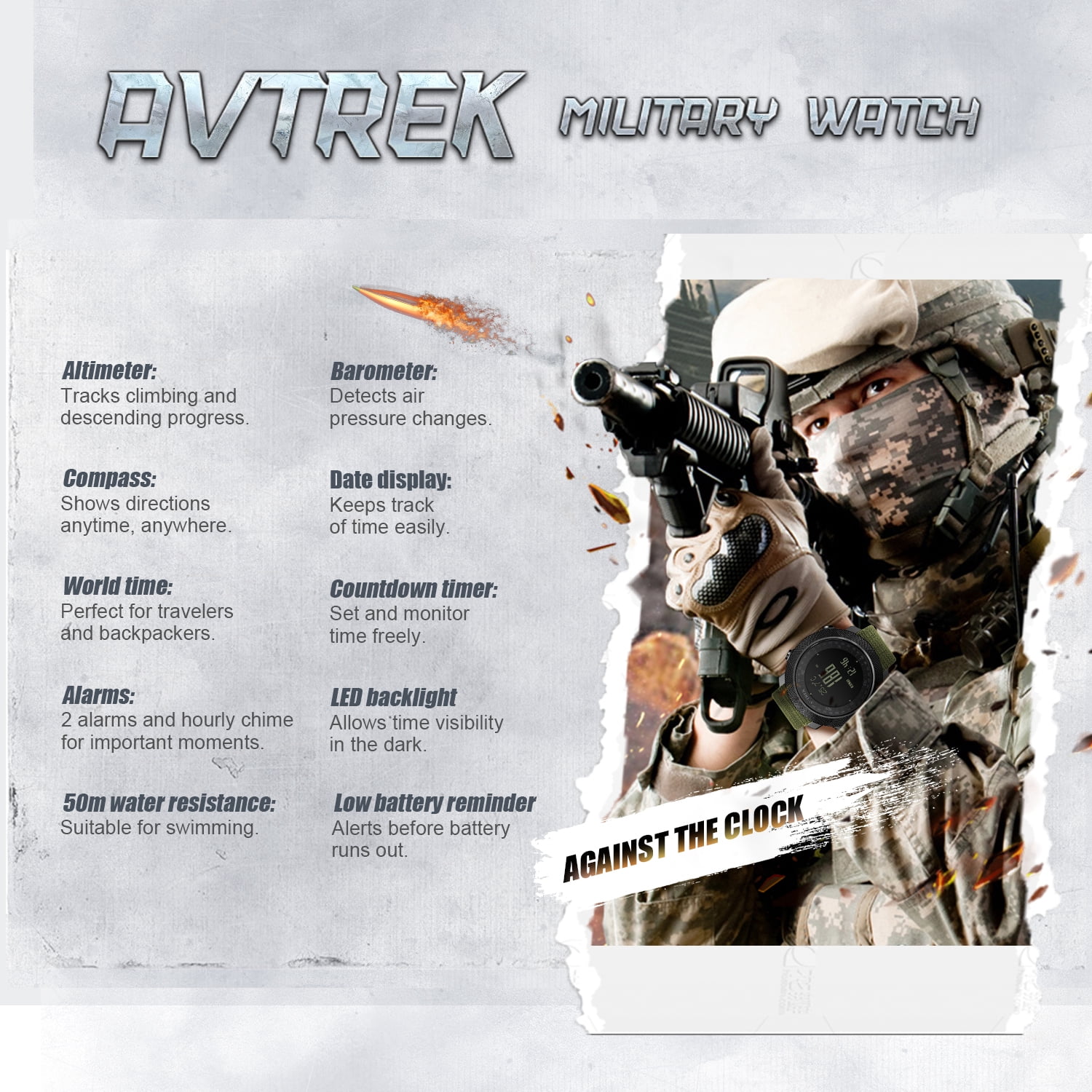 AVTREK Mens Outdoor Sport Tactical Survival Watches Hiking Digital Wrist Watch Smart Swimming Military Army Altimeter Barometer Compass Watches